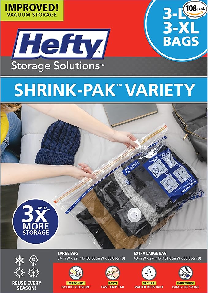 Hefty Shrink-Pak Vacuum Storage Bags - Space Saver for Under Bed Storage, Clothing and Comforters, Odor Resistant, 3X More Storage Space - 3 Large, 3 XL Bags (Pack of 18)
