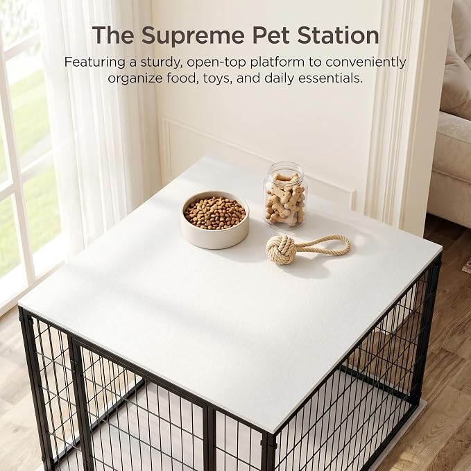 48 Inch Dog Cage with Top Cover Large Kennel for Medium Dogs Black Metal Wire Pet Playpen Indoor Crate Furniture Style Easy Assembly Flexible Door Placement Box for Two Small Puppies