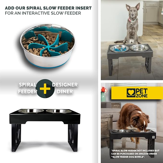 Pet Zone Designer Diner Elevated Stainless Steel Dog Bowls Set, 3 Heights | Raised stand adjusts 2.75, 8 and 12 inches, suits small, medium and large breeds, food and water dishes included in bundle