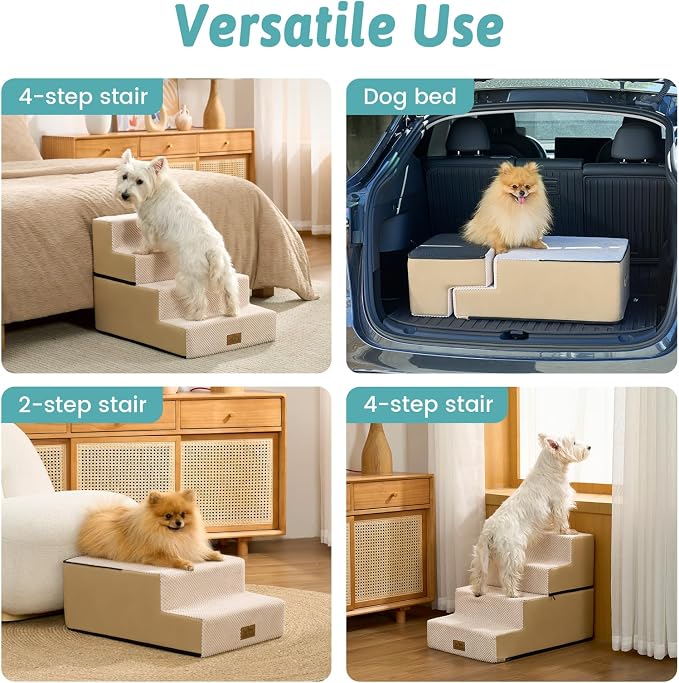 COZY KISS Dog Stairs for Small Dogs, 4 Step Pet Stairs for Beds & Couches | 17.7" H Wide Non-Slip Dog Steps with Removable Tiers & Support Board for Puppies, Older Cats & Dogs, Beige