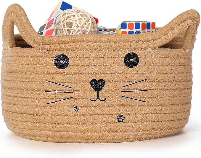 Zopeal Cat Storage Basket Woven Organizer with Ears Decorative Gift Cute Cotton Rope Pet Toy Basket for Gift Cat Dog Toy Bin Nursery Room(13.7 x 7.8 Inch,Khaki)