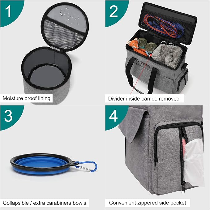 Modoker Weekend Dog Travel Bag Set with 2 Food Bags, 2 Bowls and Mat, Grey | Dog Travel Accessories Organizer for Camping and Road Trips with Roomy Storage, Multiple Pockets and Water-Resistant Oxford