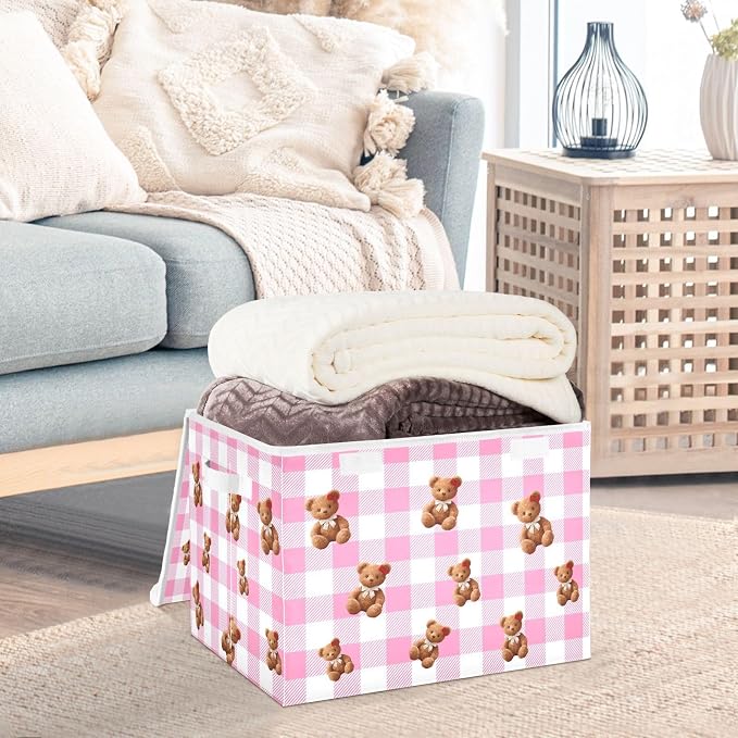Pink Bear Fabric Storage Bins with Lid Closet Bedroom 40L Fabric Bin | Decorative Storage Boxes, 300D Oxford Cloth, Hollow Board Frame, Flip Top Velcro Lid, 16.5x12.6x11.8 inch, Collapsible Design