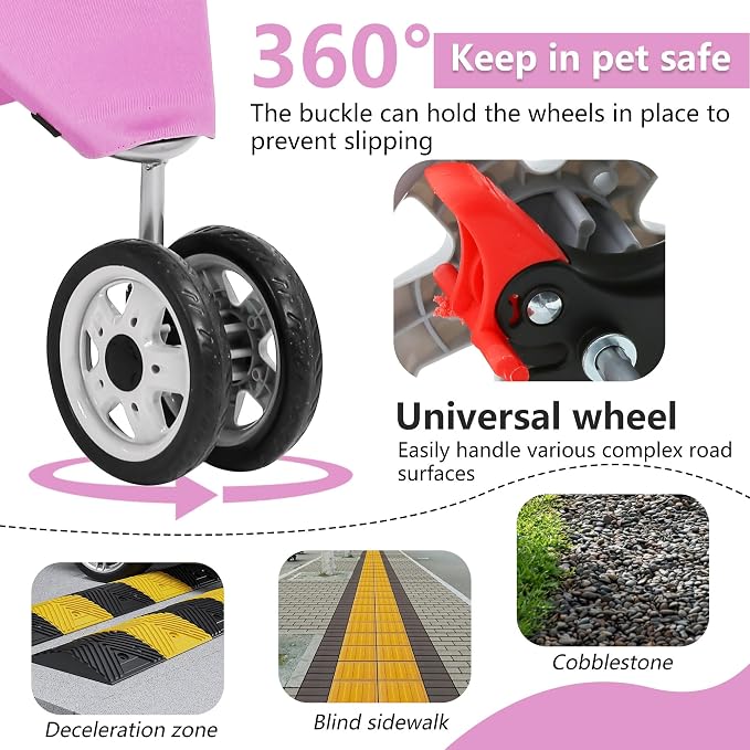 FDW 3-Wheel Pet Stroller Foldable Dog Cat Jogger Stroller Durable Travel Folding Carrier with Storage Basket Cup Holder,Peach Pink