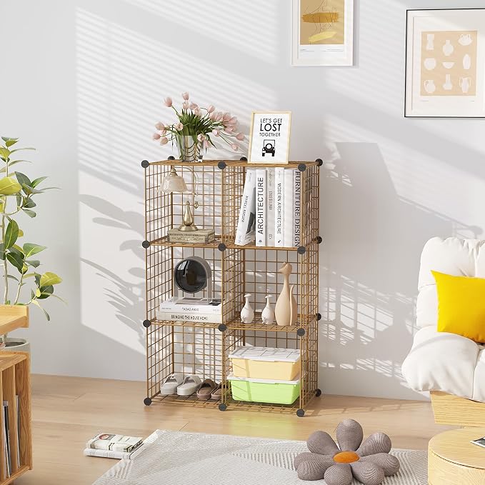 C&AHOME Wire Cube Storage, 6 - Cube Organizer Metal C Grids Units, Brown | Modular Shelves Units, Closet Organizer, Storage Bins Shelving, Ideal for Home, Office, Living Room