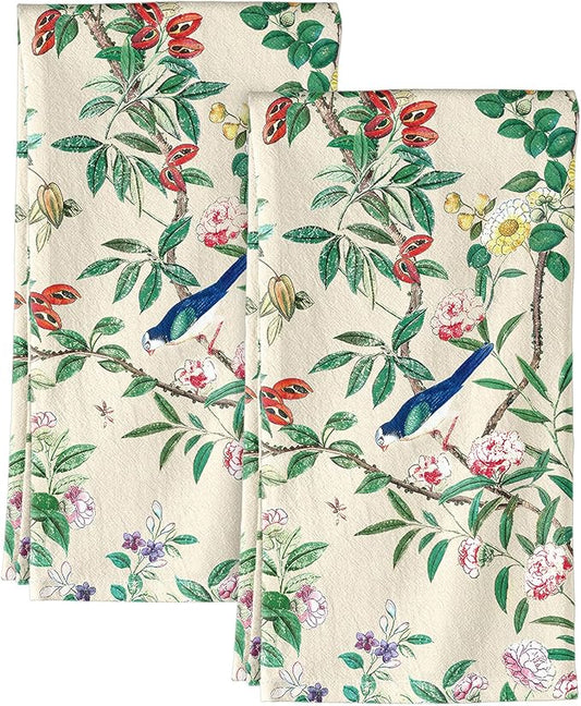 Miss Adola Flour Sack Kitchen Towels - Set of 2 Spring Dish Towels with Hanging Loop 18x26 Inch Absorbent Reusable Cotton Cloths for Cleaning Cute Design Home Decorative Housewarming, Leaf Flower Bird