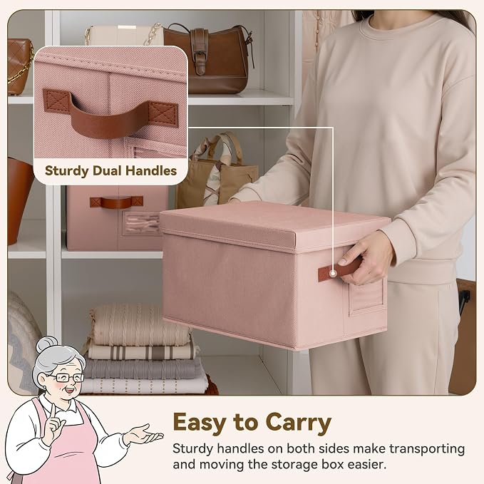 GRANNY SAYS Storage Bins with Lids, Decorative Storage Boxes with Lids | Storage Box with Dust Cover, Handles & Lable, Collapsible, Ideal for Closet Clothes Blanket Toys, Medium, Pink&Brown, 3-Pack