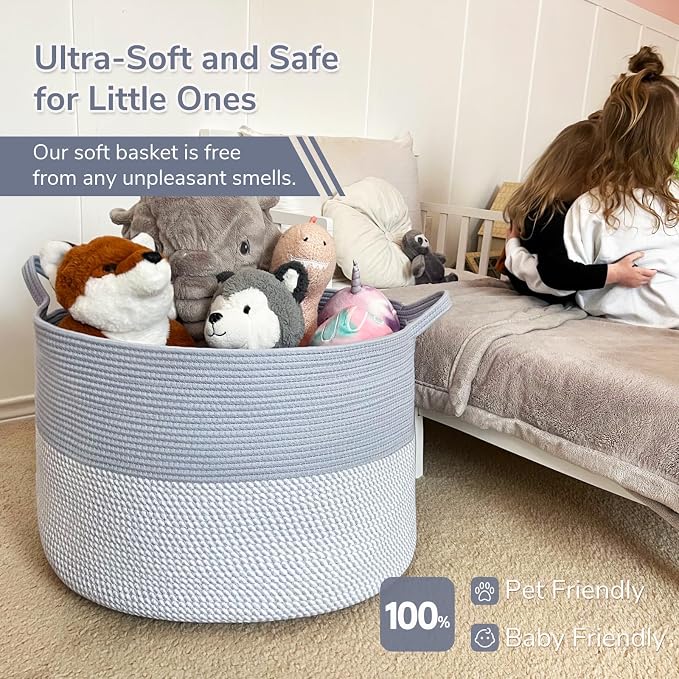 INDRESSME XXXLarge Woven Rope Blanket Basket Living Room Blue, 90L | 21.7" x 13.8" Storage baskets for toys laundry & pillows. Fits living room, bedroom or nursery décor. Soft-touch with handles