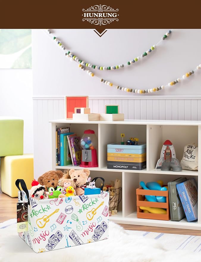 Rectangle Canvas Foldable Storage Basket for Nursery,Musical instrument | Portable and collapsible cloth receptacle. Stores pet essentials, daily use items