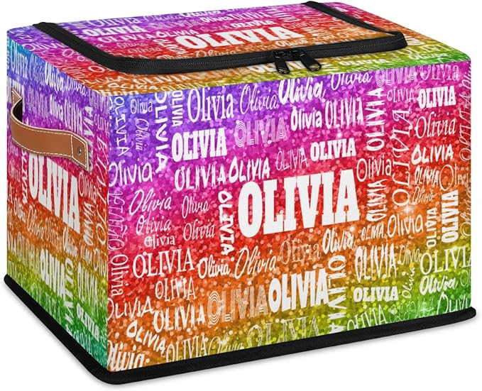 Personalized Storage Basket with Name, Rectangle Toys Storage Bin with Handles Zipper Lid for Girls, Collapsible Basket for Clothes, Books, Bright Colorful Rainbow Red Green Purple Sequins Glitter