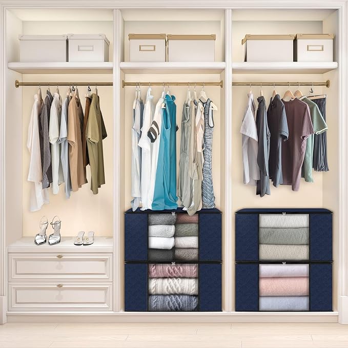4 Pack Storage Bags for Clothes Blanket Storage Bins with Lids | Foldable Closet Organizers with Zippers,Window and Handles,Fabric Storage Bins for Sweater,Comforter,Bedding,Dorm essentials