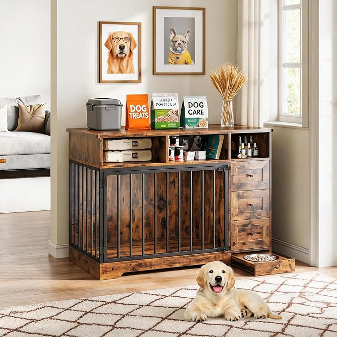 Heavy Duty Dog Crate Furniture, 48 Inch Modern Wooden Dog Kennel Indoor with Storage & 6 Drawers, Hidden Bowl, Sliding Lock End Table for Medium to Large Dogs