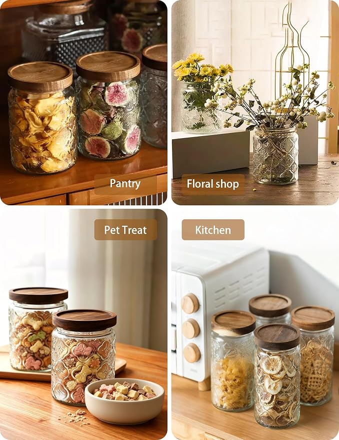 Vintage Glass Jar with Wood Lid - Christmas Airtight Canisters for Kitchen Countertop Bathroom, Storage Candy, Cookie, Coffee, Apothecary, Sugar, Flour ,Pet Treat (Sunflower & Begonia, 24oz/700ml)