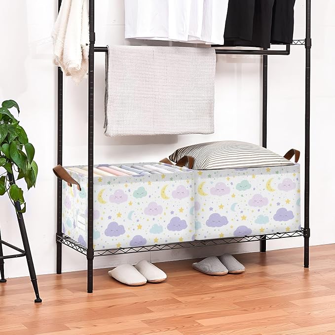 Cute Clouds Moon and Stars Purple Baby Storage Basket with Labels&Handles Rectangular Waterproof Nursery Storage Bins Collapsible Shelf Organizer Baskets for Kids Books Cloth Gift Toys Laundry