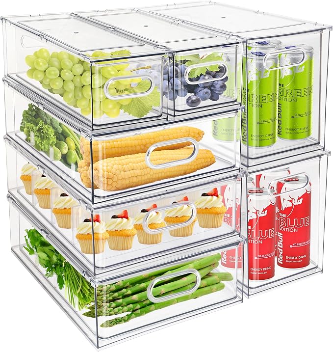7Pack Clear Fridge Drawer Organizer Pull out Bins Stackable Refrigerator Organizer Bins with Handle for Kitchen Cabinet Organization Divided Produce Saver Container for Fruit Veggie Egg