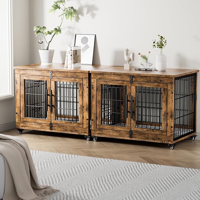Medium Dog Crate Furniture, 32'' Heavy Duty Kennel w/Cushion & Wheels | Rustic Brown, Double Doors, Wooden Dog Cage, Chew-Resistant, End Table, Decorative, 27"/32"/38"/44" Options, Indoor