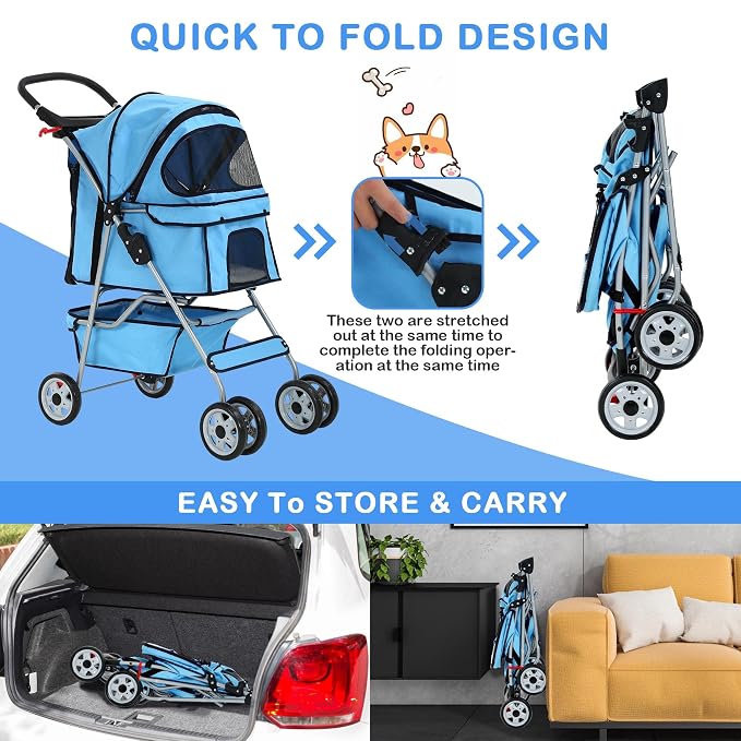 Pet Stroller,4 Wheels Dog Stroller with Storage Basket,Compact Portable Folding Carrier for Travel,Camping,Dog Carrier for Small Medium Dogs Or Cats,Lightweight Waterproof Pet Stroller,Blue