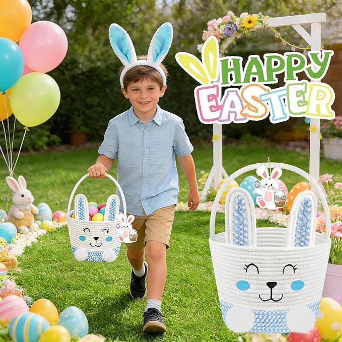 Easter Basket, Personalized Baby Easter Gifts Basket Empty with Handle, Bunny Ears Headband, Woven Cotton Rope Egg Baskets for Boys Girls Kids Toddler