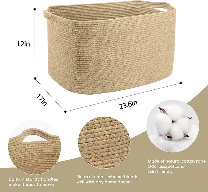 Large Jute Rectangle Rope Basket, 23.6" x 17" x 12" Blanket Storage for Living Room, Pool Towel Basket, Woven Baby Floor Laundry Hamper for Clothes, Toy Storage Bin, Bathroom Towel Storage