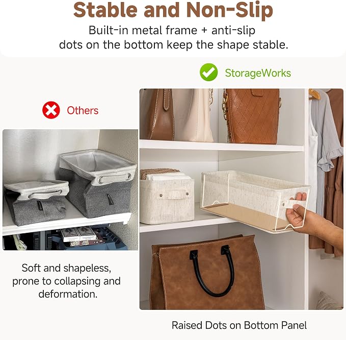 StorageWorks Narrow Storage Bins, Toilet Paper Storage, Beige, 2-Pack | Cotton Linen Fabric, With Metal Frame, Sturdy Structure, Reinforced Handles, Small Baskets for Bathroom, Closet, Shelf