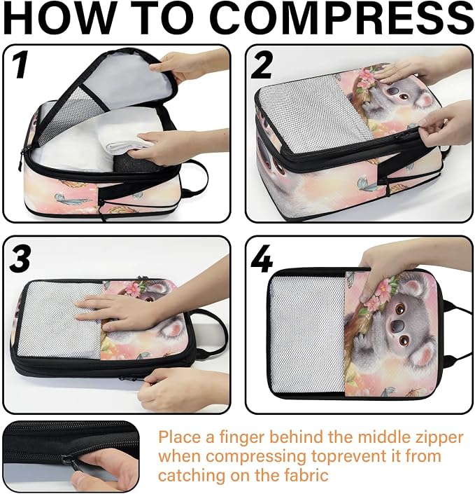 Cute Koala 6 Set Compression Packing Cubes Animals Expandable Packing Organizer for Travel Accessories Luggage Suitcase Bag