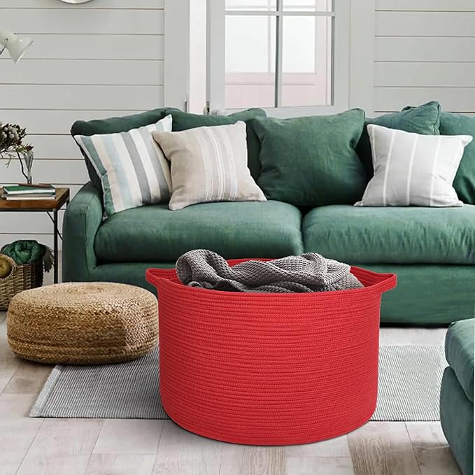 Extra Large Red Basket for Organizing, 22" X 22" X 14" Woven Cotton Rope Bins for Blankets, Baby Nursery Wicker Laundry Basket, Kids Dog Toy Storage Box, Big Red Living Room Decor Organizer
