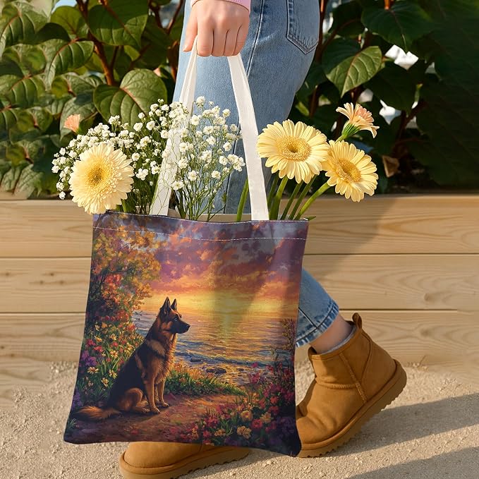 Spring German Shepherd Dog Canvas Tote Bag for Shopping 13 * 15, Floral Sea Landscape Reusable Grocery Shoulder Bag for Women, Pet Painting Gift Decoration