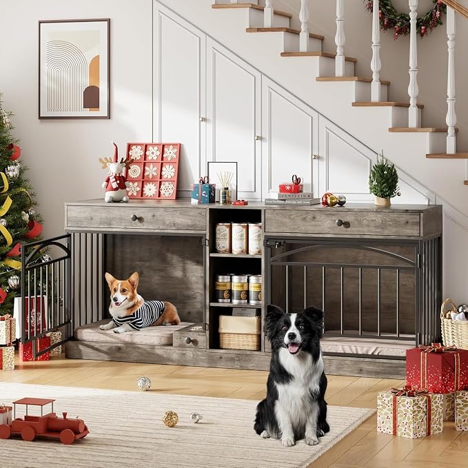 Dog Crate Furniture for 2 Dogs, Double Dog Crate TV Stand, Gray | 78.7'' Large Dog Kennel Indoor, 2 Storage Drawers, 3 Shelves and Feeding Bowls, Pet Kennel for Small and Medium Dogs