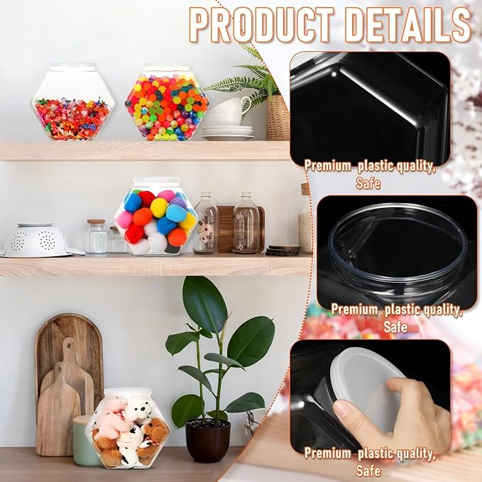 EBOOT 4 Pieces 70 oz Plastic Candy Jars Clear Cookie Jars bulk for Kitchen Counter Hexagon Cookie Jar with Lid Laundry Pod Storage Container Dry Food for Buffet Snack Craft Supplies