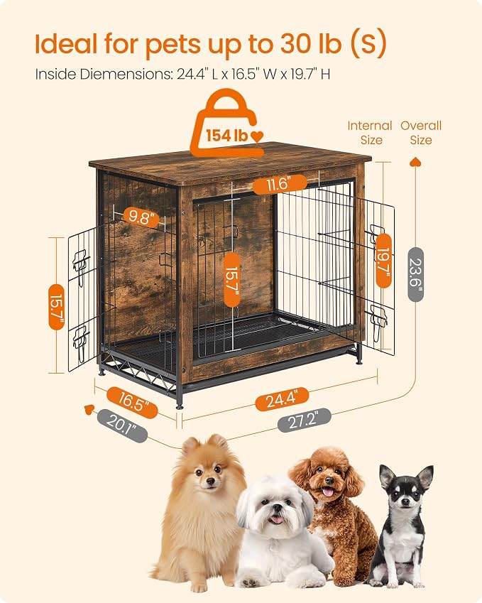 Feandrea 27.2" Dog Crate Furniture, Indoor Dog Cage Side End Table, M Pet Wood Kennel for Medium and Small Dogs up to 30 lb with Multi-Purpose Removable Tray, Double-Door Pet House, Rustic Brown