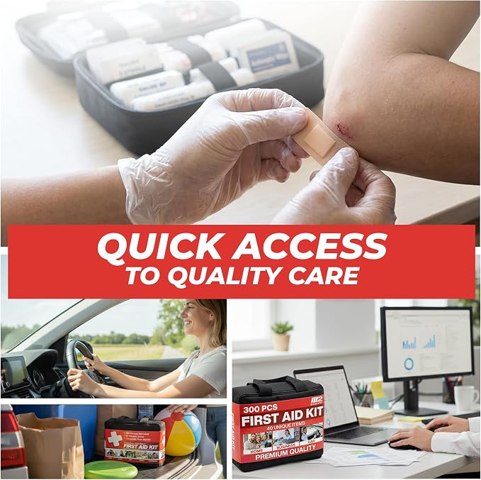 M2 BASICS 300 Piece Premium First Aid Kit w/Durable Bag for Home, Business | Office, Workplace, Car, Garage, Kitchen, Family, Classroom, Jobsite, Warehouse, School, Vehicle And Emergency Preparedness