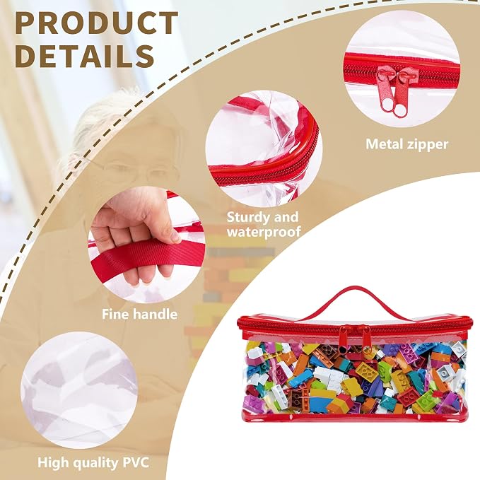 3 Pcs Clear Toy Storage Bag, Waterproof PVC Toy Organized Bag with Zipper | 9"x 7"x 4" Transparent Toy Storage Organizer Pouch for Building Blocks Small Toys (Red, Blue, Yellow)