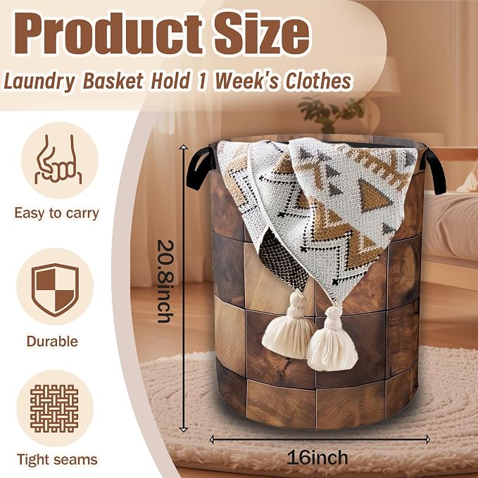 Brown Wood Squares Laundry Basket, Laundry Hamper Waterproof Oxford Cloth Tote Collapsible,Clothes Storage Bucket Decorative Toy Organizer For Bathroom Bedroom 16" x 20.8"