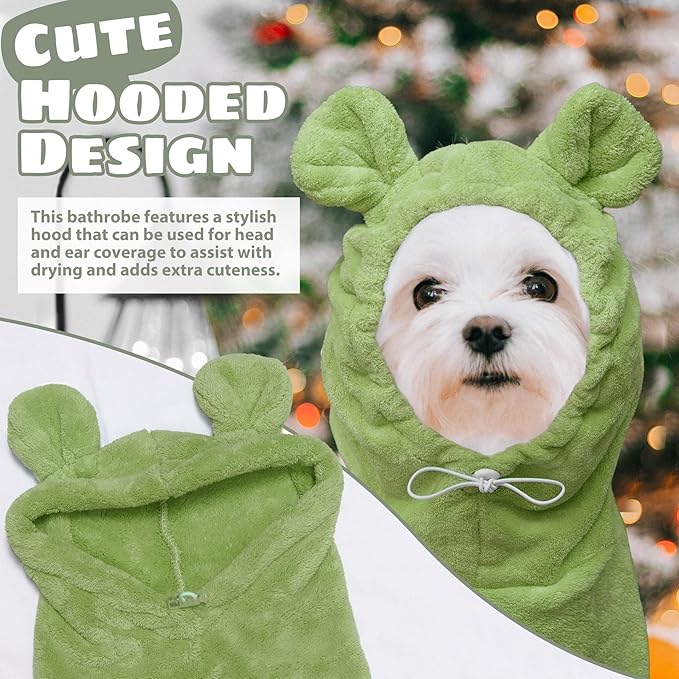 Dog Bathrobe Super Absorbent Towel Robe - Microfiber Bath Towels Fast Drying Coat for Dogs, Cute Dogs Clothes Adjustable Collar & Belly Strap Warm Keeping Hooded Dog Towel (Olive Green, Medium)