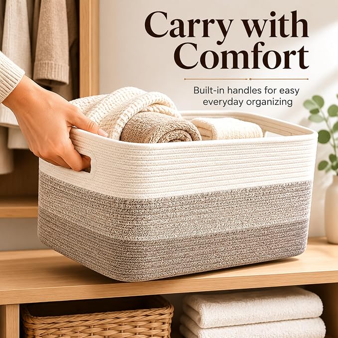 Cotton Rope Laundry Basket Small, 12.8GAL Collapsible Woven Storage Baskets for Living Room Kids Toys Stuffed Animal,Boho Rectangular Decorative Short Hamper for Dirty Clothes Blankets Gradient Brown
