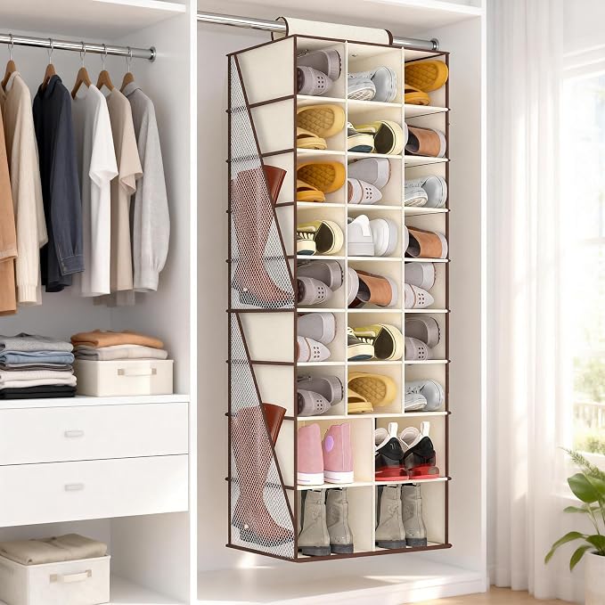 Hanging Shoe Organizer for Closet-Collapsible Storage Rack with 25 Sections & 4 Side Pockets, Hanging Shoe Shelves for Hats,and Clothes, Beige