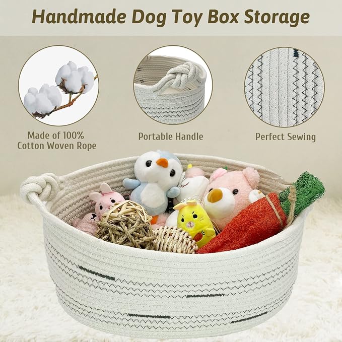 Fhiny Cotton Rope Dog Toy Basket with Handle Puppy Toys Storage Bin Small Woven Rectangle Diapers Pet Kitty Bed Perfect for Carry Pet Chew Toys Blankets Leashes Doggie Stuff - Beige M