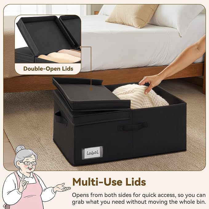 GRANNY SAYS Extra Large Storage Bins with Double-Open Lid, Closet Storage Boxes with Label, 63L Stackable Storage Organizer, Shelves Basket, Black, 2-Pack