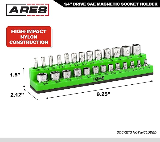 ARES 60005 26-Pc 1/4-In Red/Green SAE Magnetic Socket Organizer | Multi-Size Inch Drive Bit Set