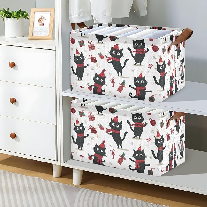 Christmas Cartoon Black Cat Storage Basket Foldable Cube Storage Bins with Handles&Label Waterproof Collapsible Organizer Box Bin Large Rectangle Decorative Baskets for Shelves Home Room Laundry-2 PC