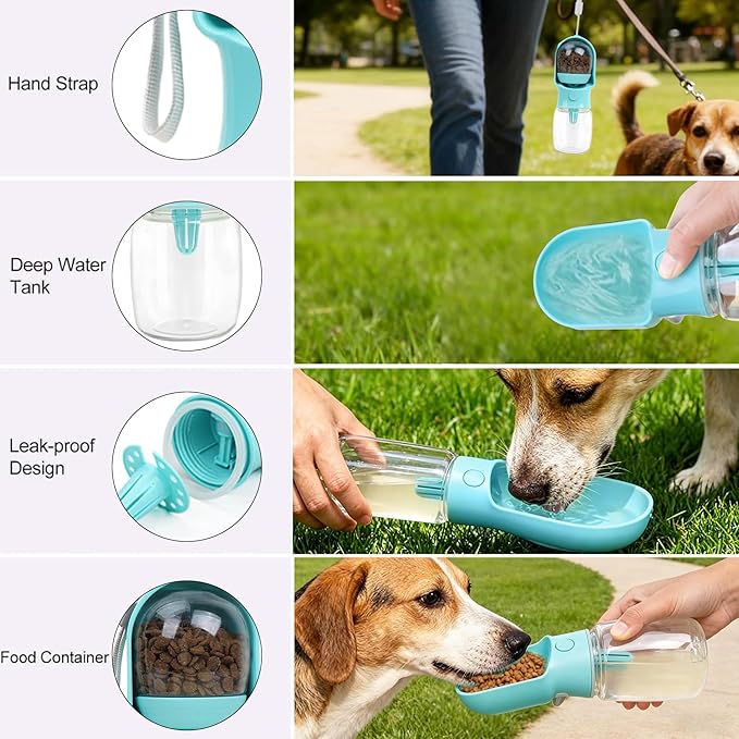 Dog Water Bottle with Food Container, Leak Proof Portable Pet Dispenser with Lock and Cleaning Brush,Dogs Stuff Water Bottle for Walking Hiking,Travel (Blue)