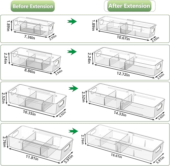 BLULEE 4-in-1 Expandable Drawer Organizer Set, Adjustable Clear Bins | with Dividers for Kitchen, Bathroom, Vanity & Office, Scalable Trays for Cosmetics, Utensils & Desk Accessories (16 Pcs)