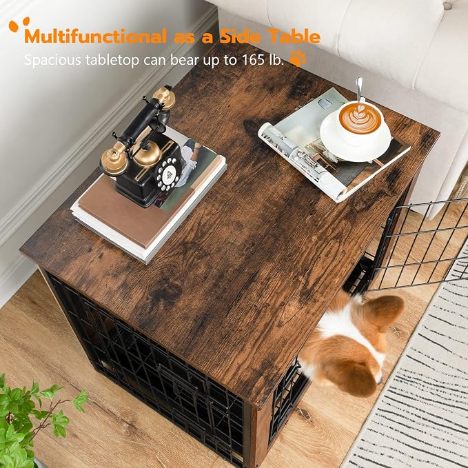 Dog Crate Furniture, 25.5" Small Dog Kennel Indoor, Wooden Cage with Pull-Out Tray, Double Doors Pet House Side End Table for Small/Medium Dogs, Rustic Brown BF642GW03G1