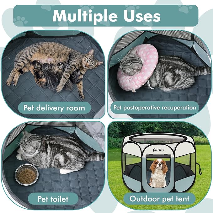 Persure Dog Cat Pet Playpen Puppy Crate Cage for Indoor Outdoor Travel | Nursing Rest Zone Recovering Pet Quarantine Room Portable Pop Up Easy to Set up lightweight (Grey with Pad, Medium)