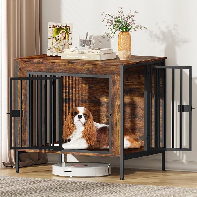 EasyCom 28.15" Dog Crate Furniture for 1 or 2 Dogs, Brown | Fits Dogs 0–20 lbs, Heavy Duty Indoor Kennel, Works as TV Stand for Small Pets