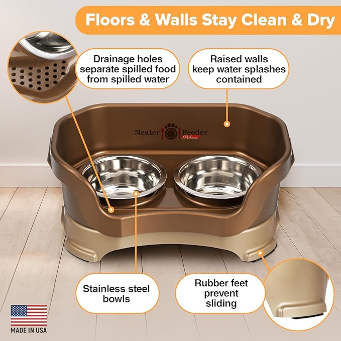 Neater Pet Brands Neater Feeder Deluxe Mess Proof Cat Bowls Elevated, Made in USA, No Spill Raised Bowls for Indoor Cats, Stainless Steel Food and Water Bowl Set, Pet Dish Feeding Station, Bronze
