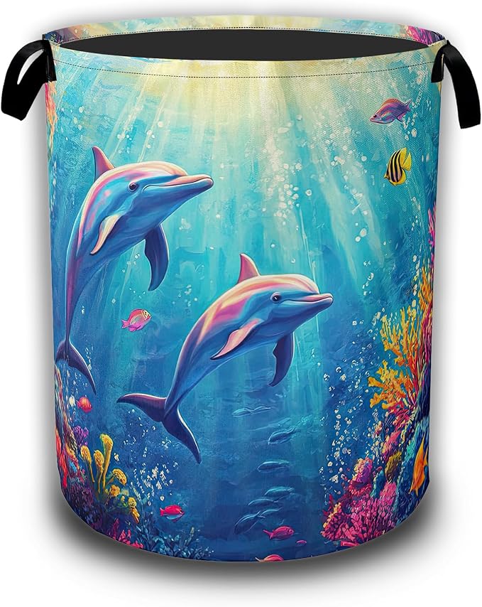 Dolphin Ocean Floating Laundry Basket,Waterproof Foldable Laundry Hamper,Dirty Clothes Basket, Linen Bin Storage Organizer Collection 16" x 20.8"