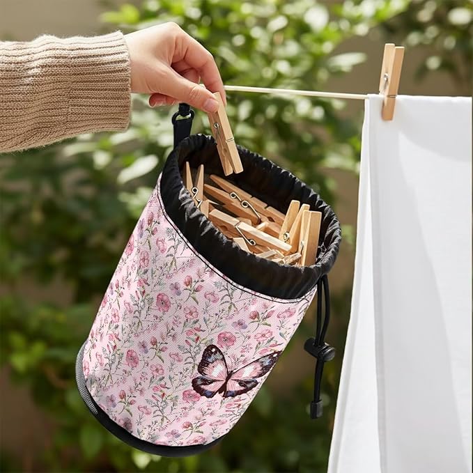 Floral Butterfly Drawstring Clothespin Organizer Bag, Laundry Peg Storage Pouch with Hanging Grommet, Portable Clips Holder for Drying, Perfect for Home, Camping & Outdoor Use