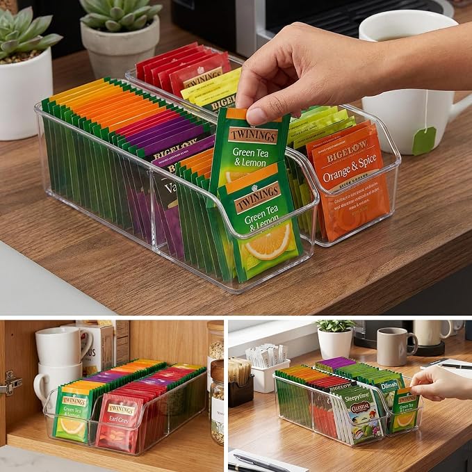 Tea Bag Organizer, Tea Bag Holder, Clear Plastic Tea Organizer for Cabinet, 2 Compartment Storage for Tea, Coffee, Sugar, Seasoning Packets, Fridge, Tabletop, Kitchen Countertop