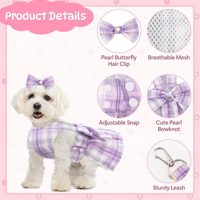 Coppthinktu Plaid Dog Dresses for Small Dogs Girl Bowknot Harness Leash Set